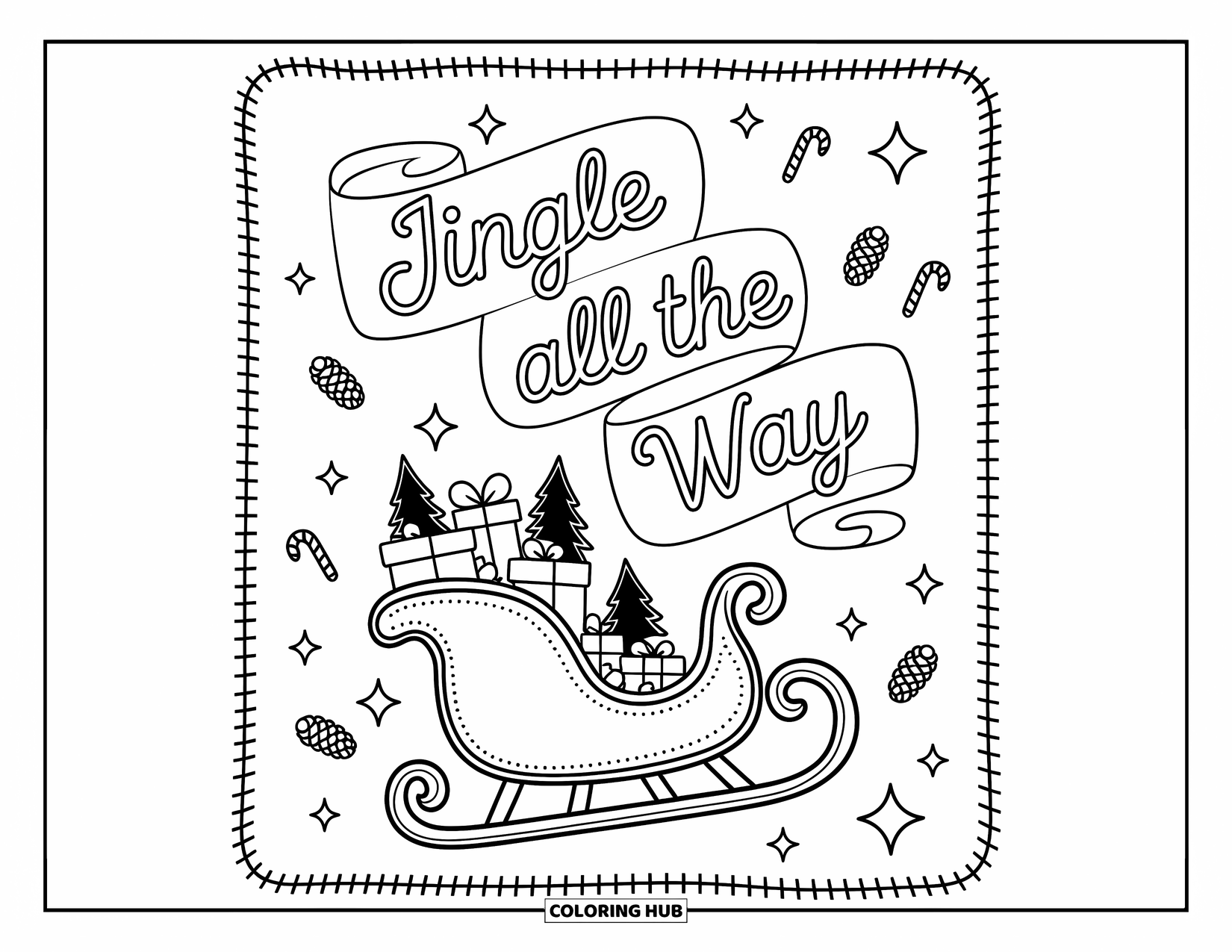 Christmas Card Coloring Page for Adults: Gifts and trees fill a festive sleigh under the phrase "Jingle All the Way"