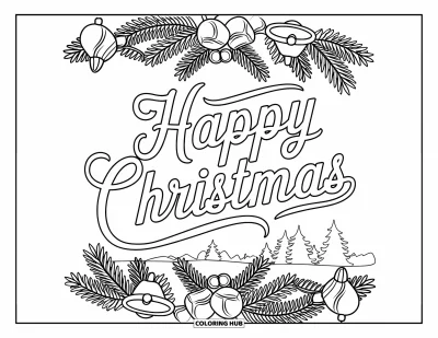 Coloriage de carte de Noël pour adultes : "Happy Christmas" en écriture manuscrite vintage encadrée de cloches, de sapins et d'arbres enneigés