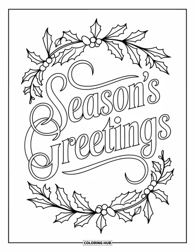 Coloriage de carte de Noël pour adultes : Couronne de Noël avec "Season's Greetings" en écriture élégante sur fond blanc