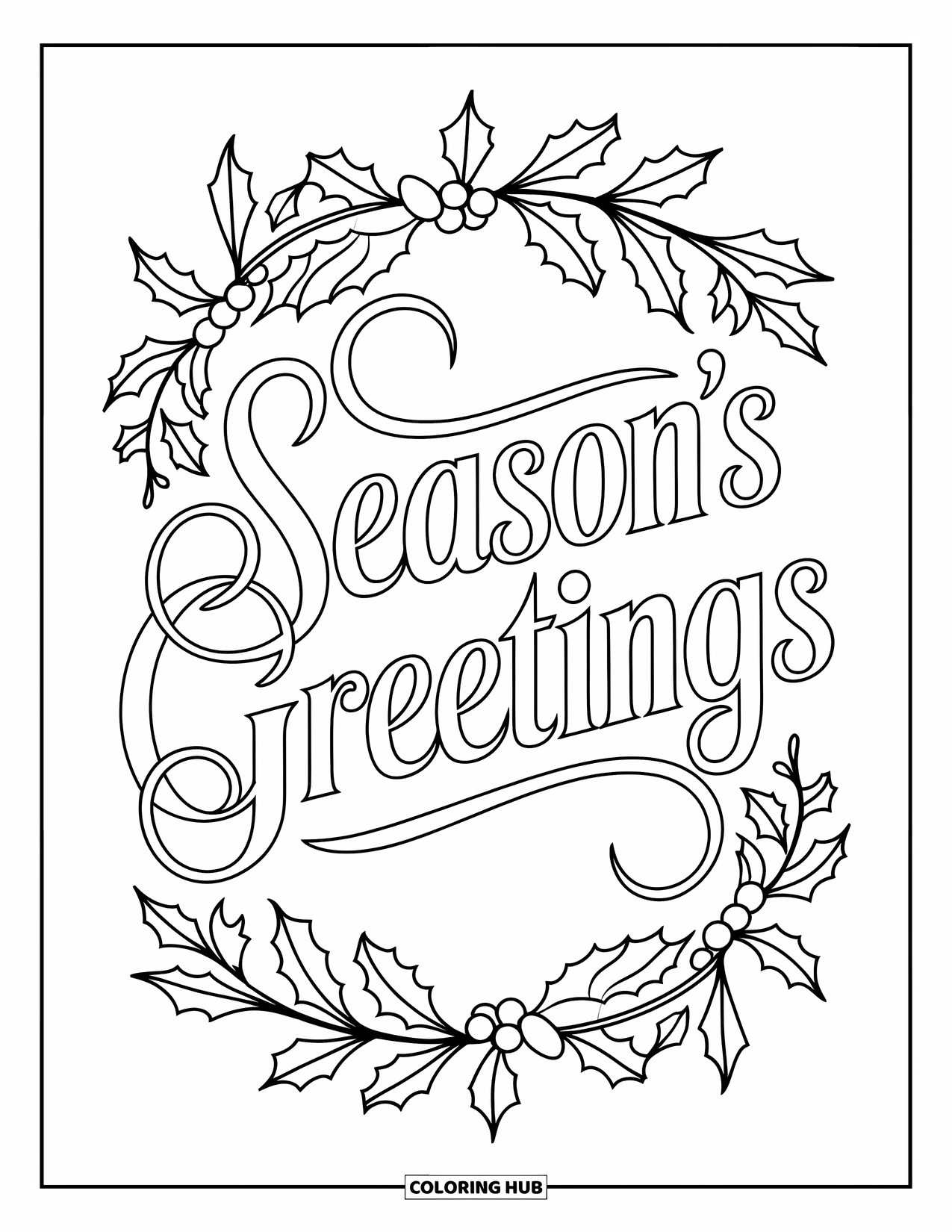 Christmas Card Coloring Page for Adults: Holiday wreath with "Season's Greetings" in elegant script and white background