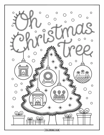 Coloriage de carte de Noël pour adultes : Des mini-scènes sur des boules et des guirlandes forment "Oh Christmas Tree" au-dessus d'un sapin