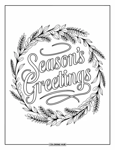 Coloriage de carte de Noël pour adultes : "Season's Greetings" ornemental à l'intérieur d'une couronne de houx dans un motif de carte de vœux