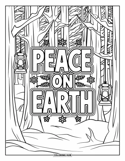 Coloriage de carte de Noël pour adultes : Forêt paisible avec des sapins enneigés, des lanternes et le message "Peace on Earth"
