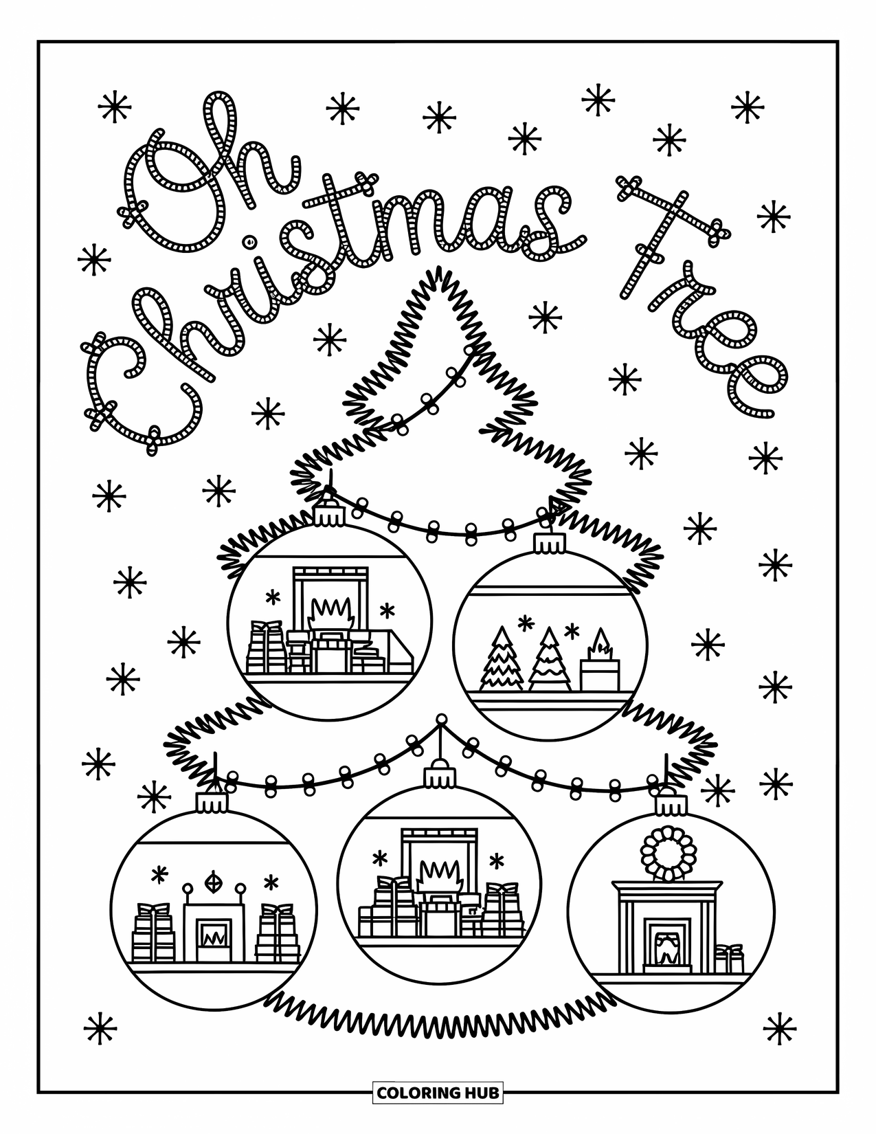 Christmas Card Coloring Page for Adults: Playful tree with cute ornaments and "Oh Christmas Tree" made of string lights