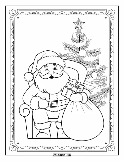Coloriage de carte de Noël pour adultes : Le Père Noël dans un fauteuil avec un sac de cadeaux, un sapin et une bordure festive
