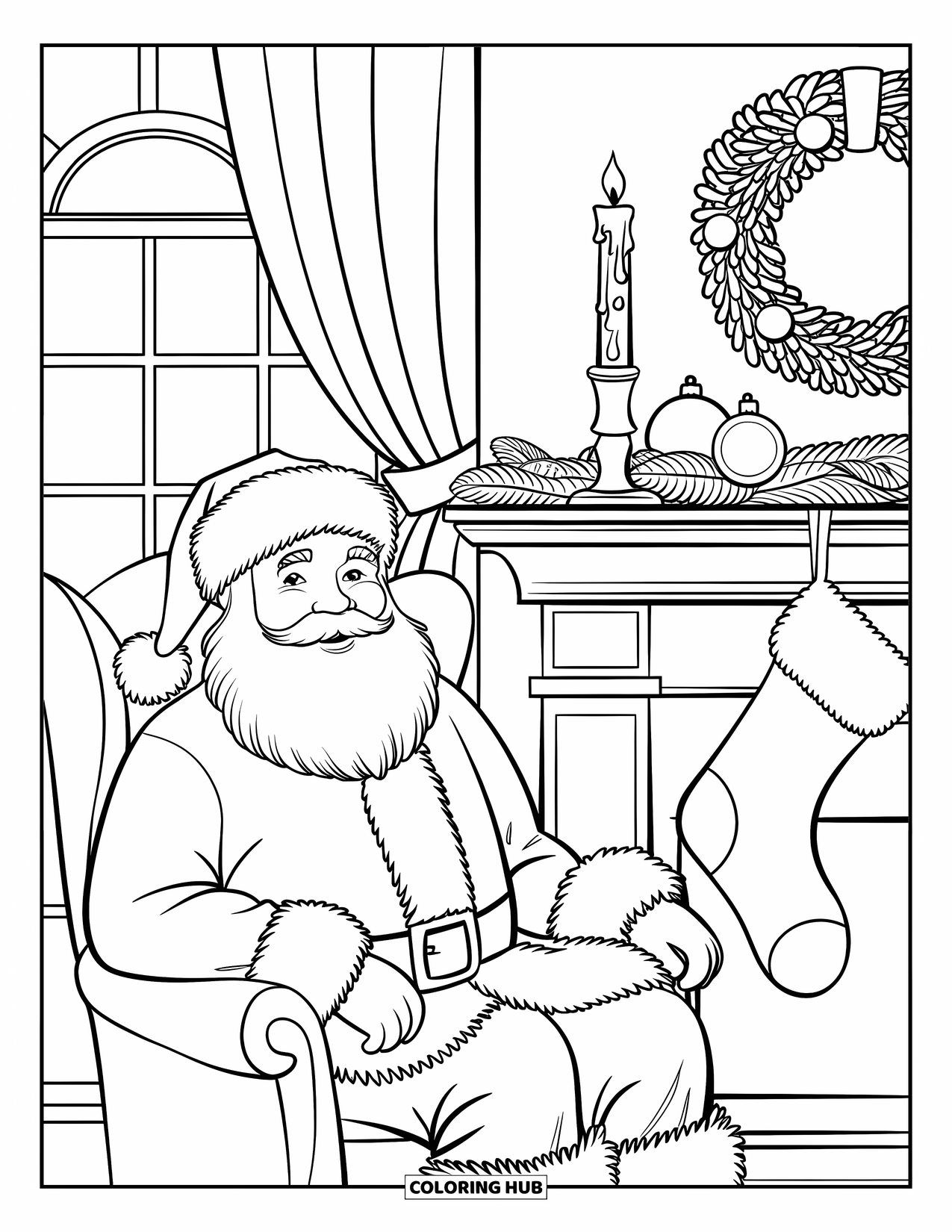 Christmas Card Coloring Page for Adults: Santa sits beside a mantel with wreath, stocking, and vintage holiday charm