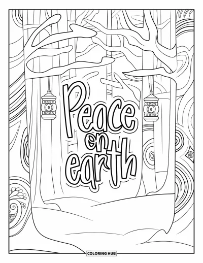 Coloriage de carte de Noël pour adultes : Bois enneigés et sereins avec des lanternes et "Peace on Earth" dans une police décorative