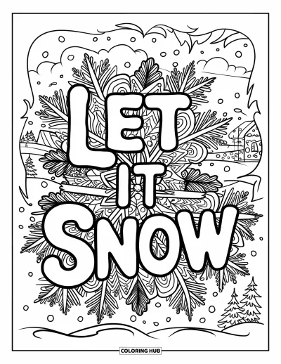 Coloriage de carte de Noël pour adultes : Mandala de flocons et de pins avec "Let It Snow" sur un fond hivernal