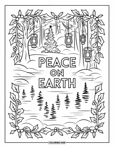 Coloriage de carte de Noël pour adultes : Forêt enneigée et lanternes se reflétant sur un lac avec l'inscription "Peace on Earth"
