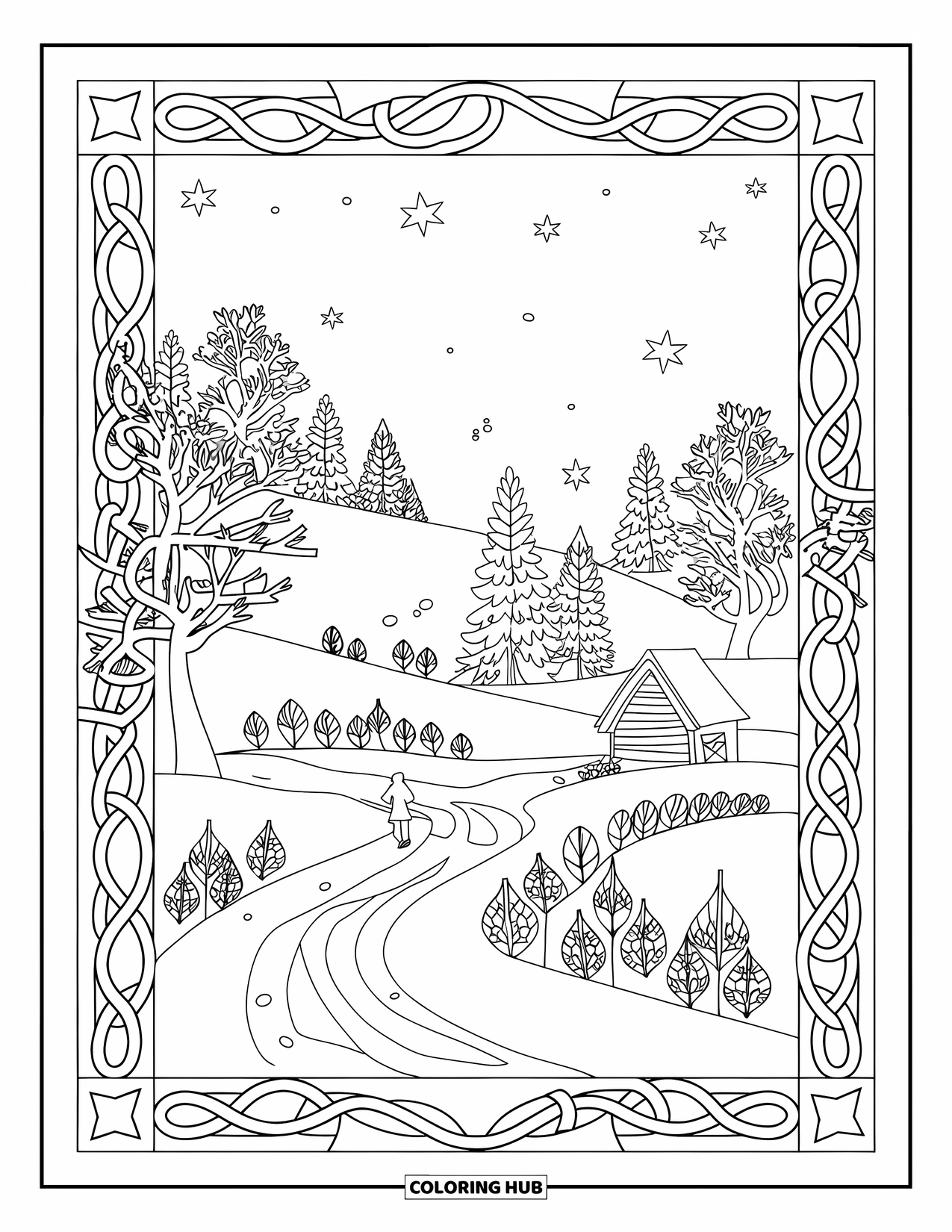 Christmas Card Coloring Page for Adults: Snowy path leading to a house with trees, stars, and decorative border