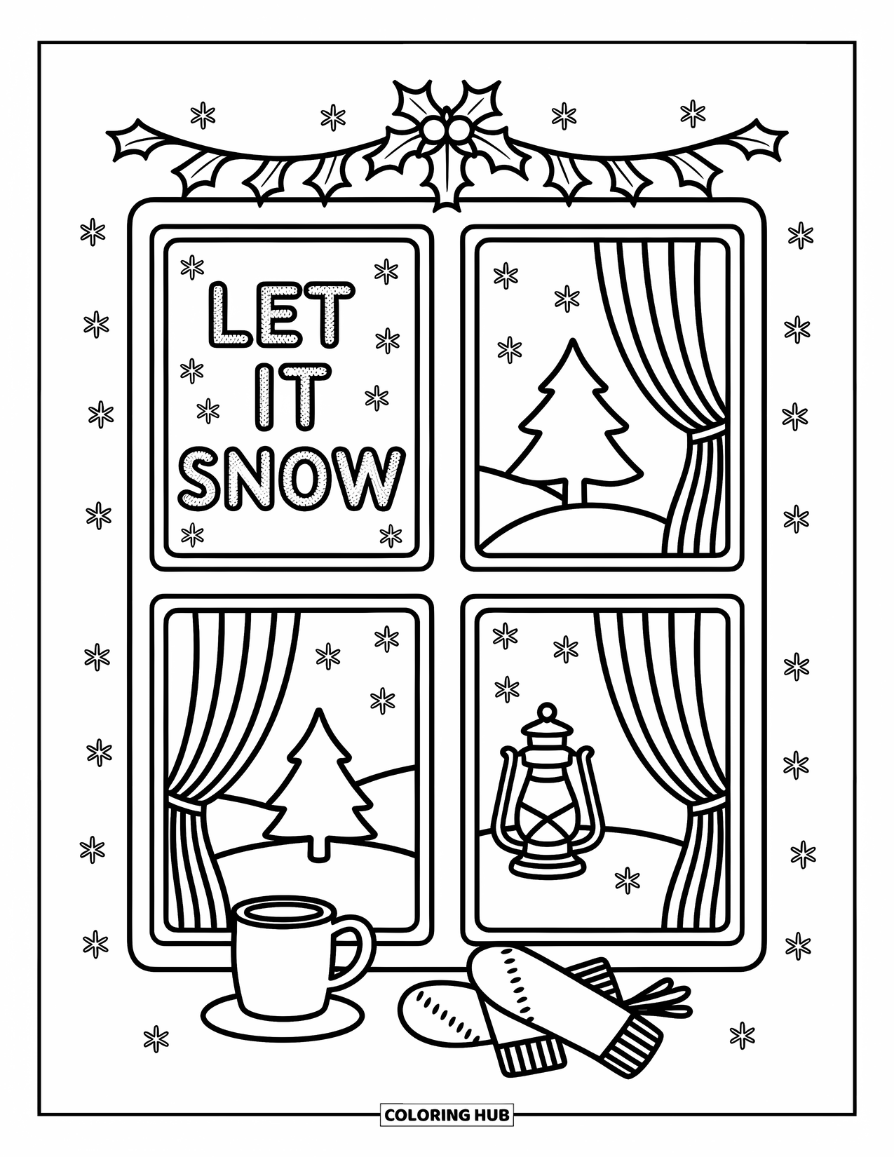Christmas Card Coloring Page for Adults: Snowy window scene with pine tree, cocoa mug, and "Let It Snow" in frosty letters
