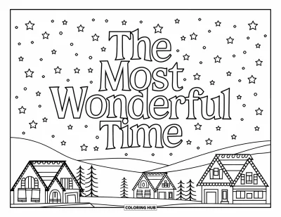 Coloriage de carte de Noël pour adultes : Ciel étoilé au-dessus de maisons décorées avec le texte "The Most Wonderful Time"