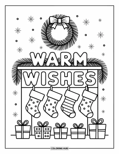 Coloriage de carte de Noël pour adultes : Des chaussettes suspendues au-dessus de cadeaux et d'une couronne dans cette scène de cheminée avec "Warm Wishes"