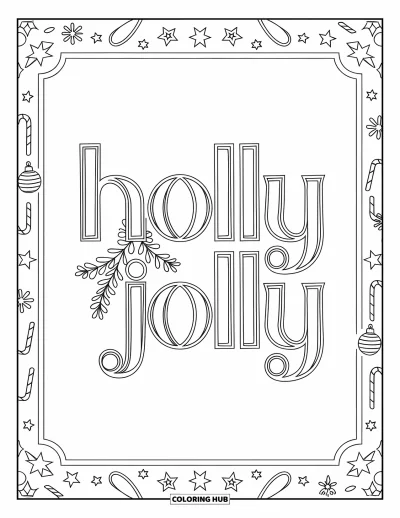 Coloriage de carte de Noël pour adultes : "Holly Jolly" élégant avec du gui et une bordure festive d'étoiles et de boules