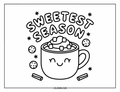 Coloriage de carte de Noël pour adultes : "Sweetest Season" épelé en guimauves au-dessus d'un chocolat chaud avec des biscuits et des flocons de neige
