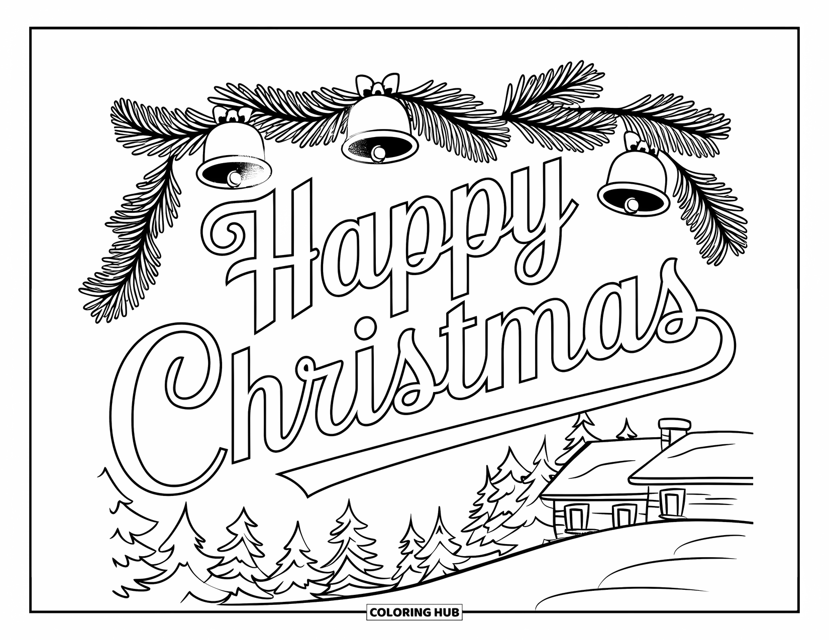 Christmas Card Coloring Page for Adults: Vintage "Happy Christmas" scene with snowy trees, cottage, and evergreen border