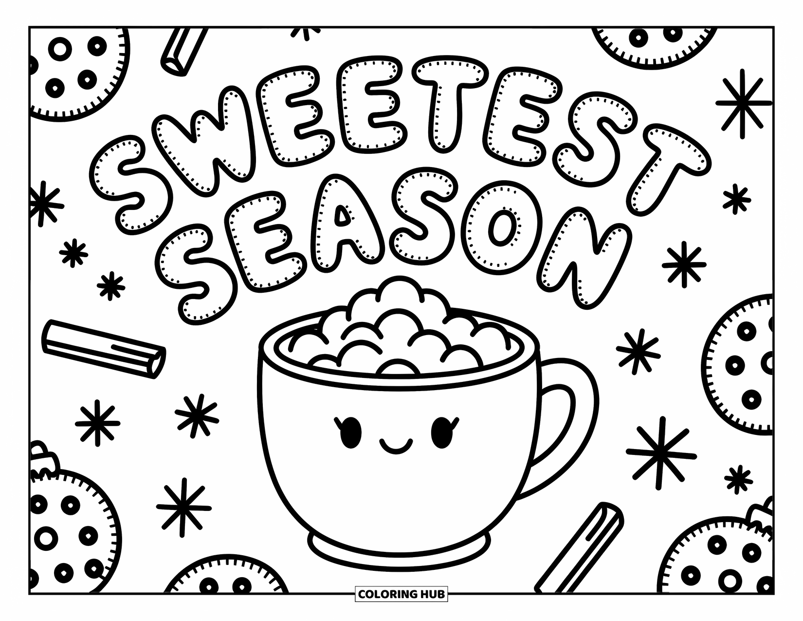 Christmas Card Coloring Page for Adults: Warm mug with marshmallows, cookies, and the phrase "Sweetest Season" floating above