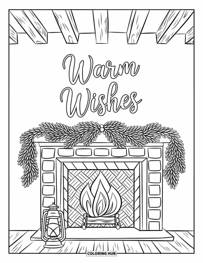 Coloriage de carte de Noël pour adultes : "Warm Wishes" au-dessus d'une cheminée détaillée avec des guirlandes et un charme rustique