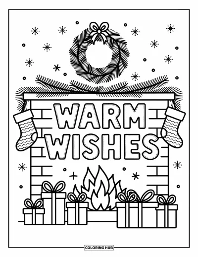 Coloriage de carte de Noël pour adultes : "Warm Wishes" brille au-dessus de chaussettes et de cadeaux près d'une cheminée de Noël accueillante