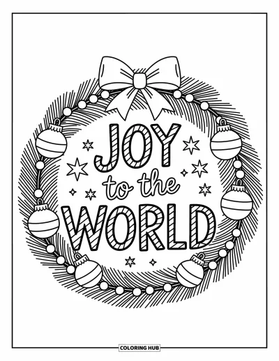 Coloriage de carte de Noël pour adultes : Couronne avec le texte "Joy to the World" en lettres rayées façon canne en sucre d'orge et des étoiles