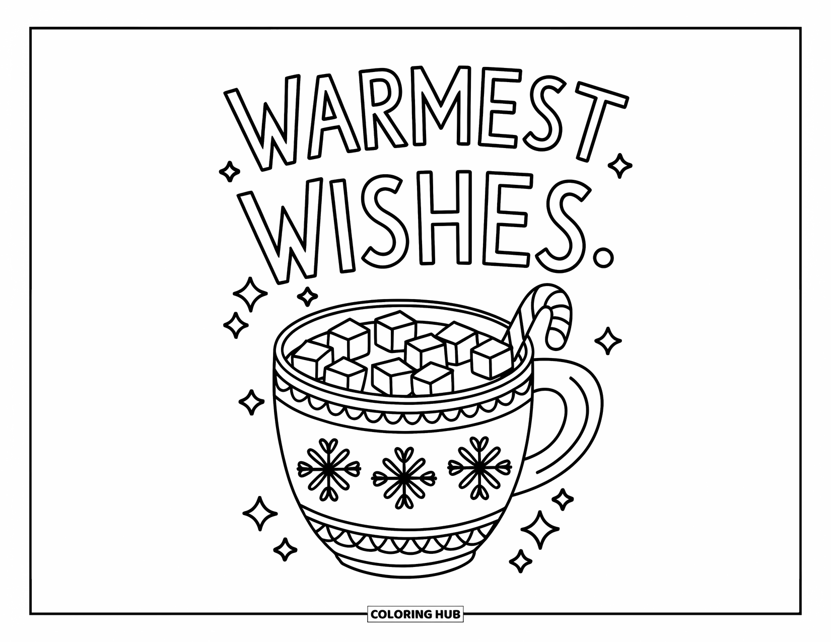 Christmas Card Coloring Page for Kids: A cozy cocoa mug with marshmallows and the message "Warmest Wishes"