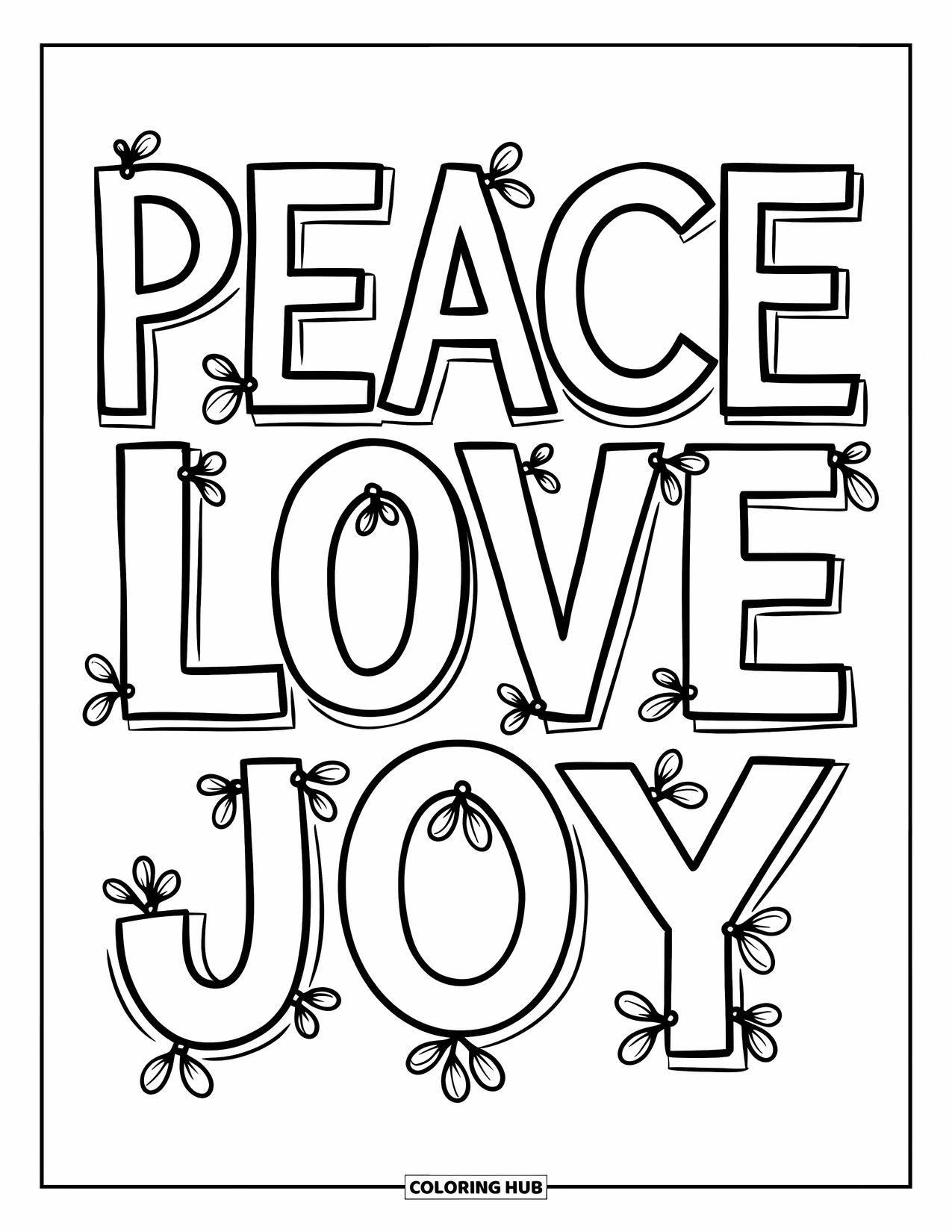 Christmas Card Coloring Page for Kids: A festive stack of "Peace Love Joy" with mistletoe dividers