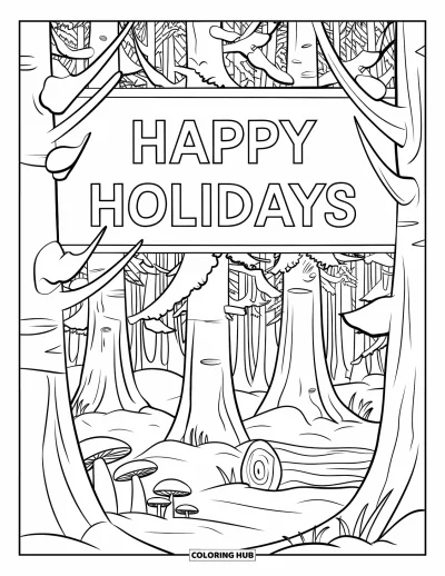 Coloriage de carte de Noël pour enfants : Un chemin forestier enneigé avec des étoiles et le message "Happy Holidays"