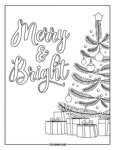 Coloriage de carte de Noël pour enfants : Un sapin lumineux et des cadeaux sous l'inscription "Merry & Bright"