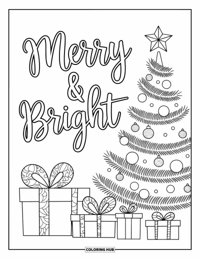 Coloriage de carte de Noël pour enfants : Un sapin de Noël illuminé avec des cadeaux sous la phrase "Merry & Bright"
