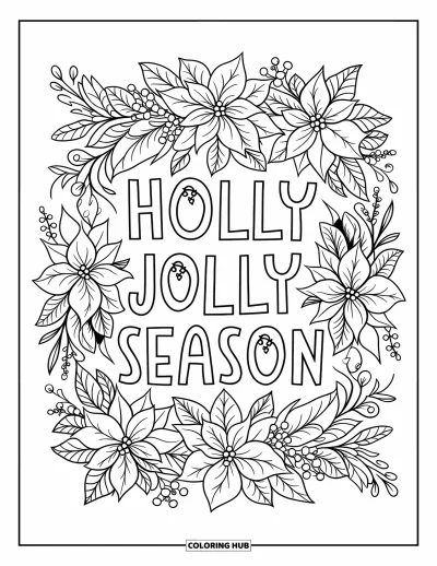 Coloriage de carte de Noël pour enfants : Une couronne de Noël porte l'inscription "Holly Jolly Season" dans une typographie moderne et joyeuse