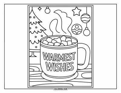Coloriage de carte de Noël pour enfants : Une tasse de chocolat chaud près d'un sapin avec une étoile et des boules
