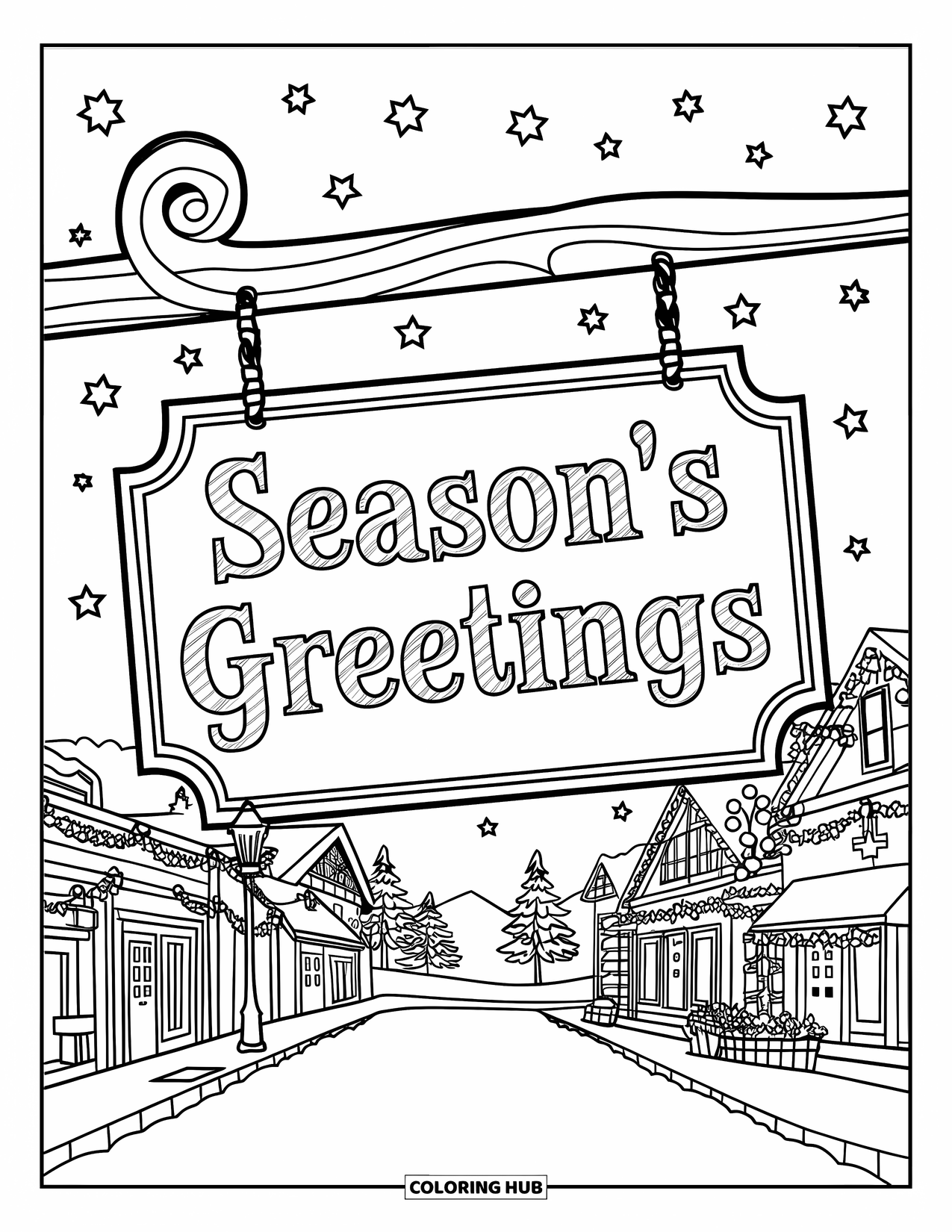 Christmas Card Coloring Page for Kids: A rustic sign saying "Season's Greetings" hangs above a decorated snowy street
