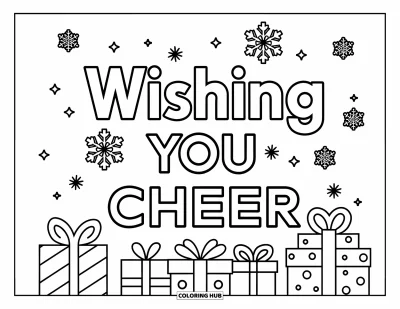 Coloriage de carte de Noël pour enfants : Une tour de cadeaux couverts de flocons de neige sous les mots "Wishing You Cheer"