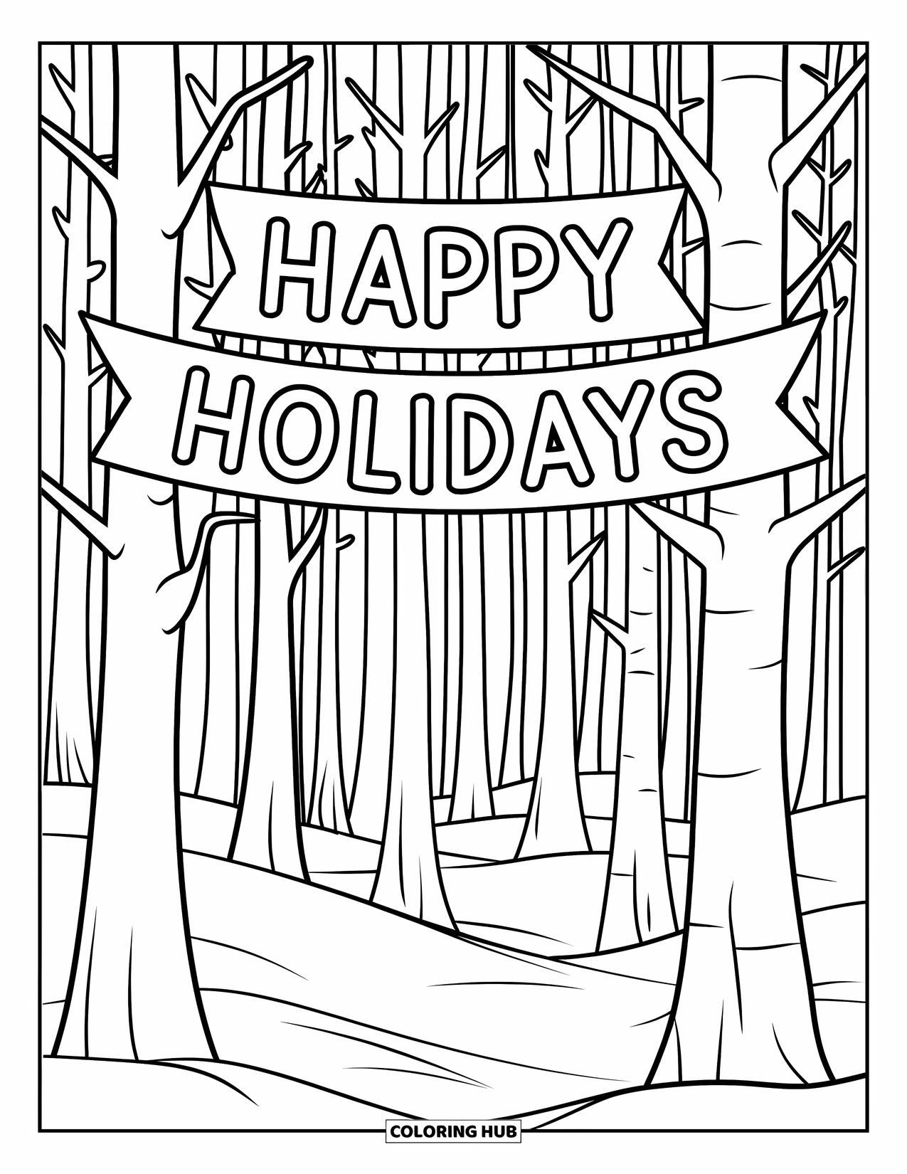 Christmas Card Coloring Page for Kids: A snowy forest path sits under a "Happy Holidays" banner
