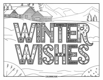 Coloriage de carte de Noël pour enfants : Paysage de montagne enneigé avec deux chalets et l'inscription "Winter Wishes"