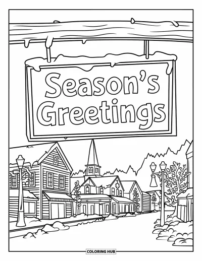 Coloriage de carte de Noël pour enfants : Une rue de village enneigée avec des bâtiments et un panneau "Season's Greetings"