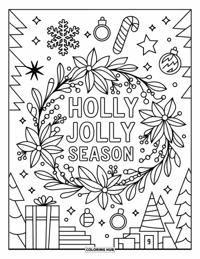 Coloriage de carte de Noël pour enfants : Une couronne avec des baies et des éléments festifs portant l'inscription "Holly Jolly Season"
