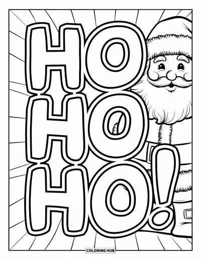 Coloriage de carte de Noël pour enfants : Un grand "Ho Ho Ho" joyeux avec le visage souriant du Père Noël
