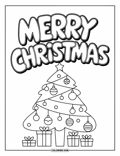 Coloriage de carte de Noël pour enfants : "Merry Christmas" en grands caractères au-dessus d'un sapin festif et de cadeaux emballés