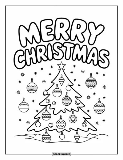 Coloriage de carte de Noël pour enfants : Les lettres rondes de "Merry Christmas" au-dessus d'un sapin décoré tout simple