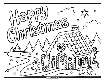 Coloriage de carte de Noël pour enfants : Des sapins en bonbons et des petits bonshommes en pain d'épices près d'une maison sucrée avec "Happy Christmas"