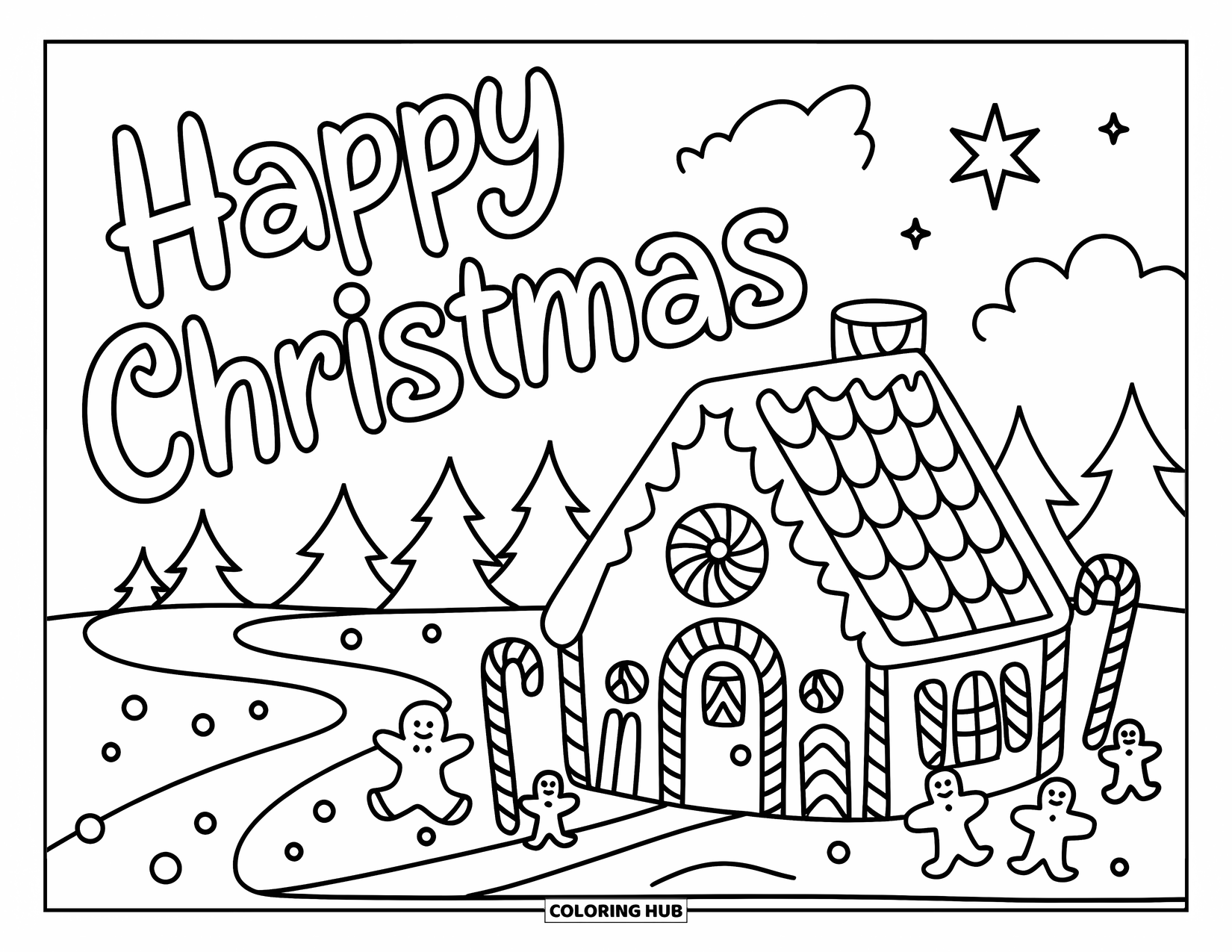 Christmas Card Coloring Page for Kids: Candy trees and gingerbread men gather near a sweet house and "Happy Christmas"