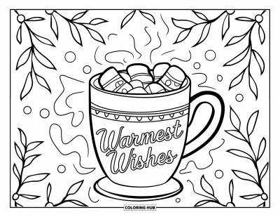 Coloriage de carte de Noël pour enfants : Un chocolat chaud avec des guimauves sous des motifs de houx, de baies et des vœux festifs