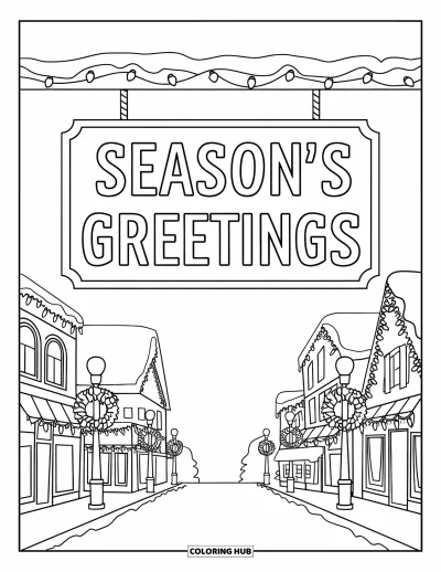 Coloriage de carte de Noël pour enfants : Des bâtiments festifs et des lumières bordent une rue enneigée sous "Season's Greetings"