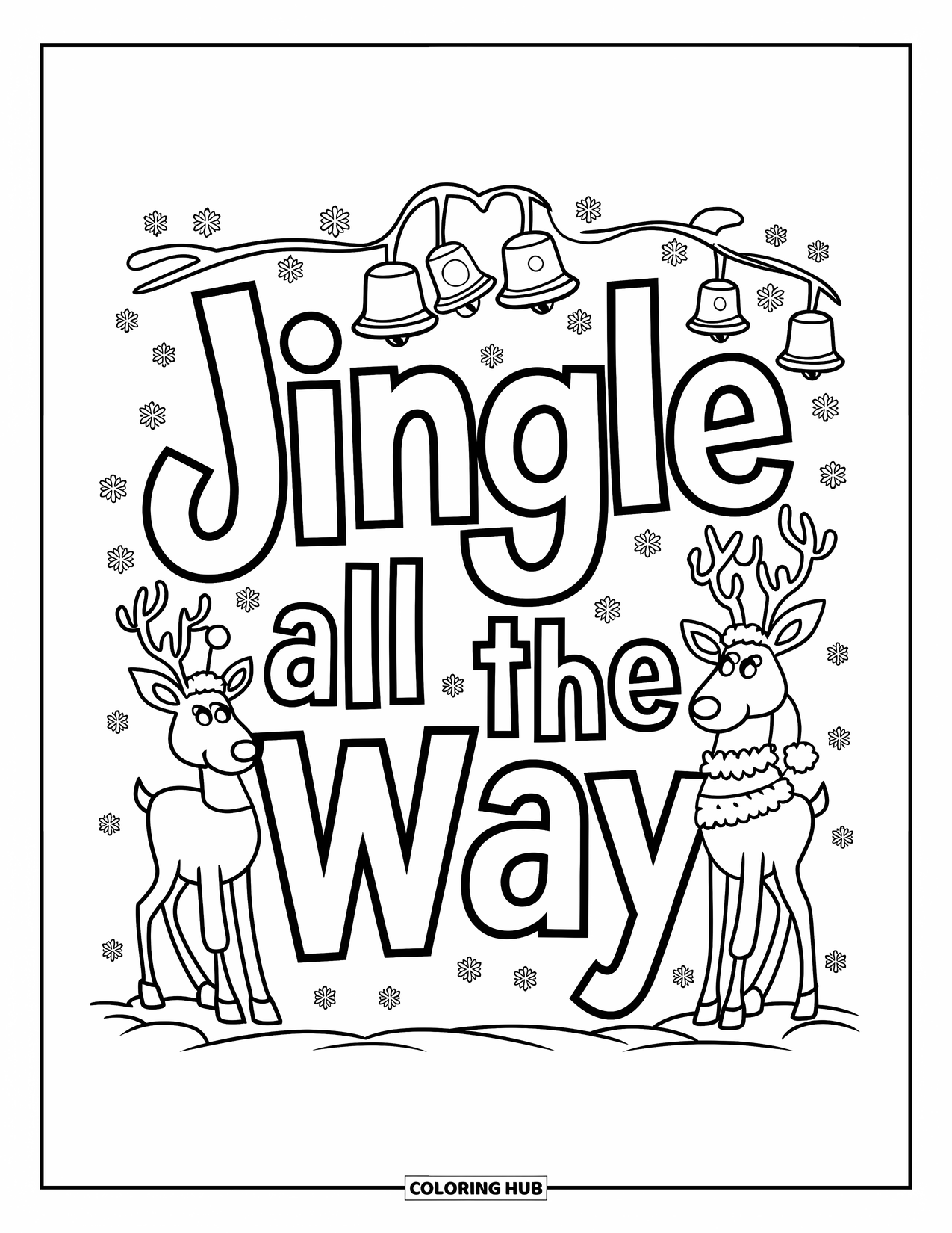 Christmas Card Coloring Page for Kids: Festive "Jingle All the Way" text with reindeer and jingling bells
