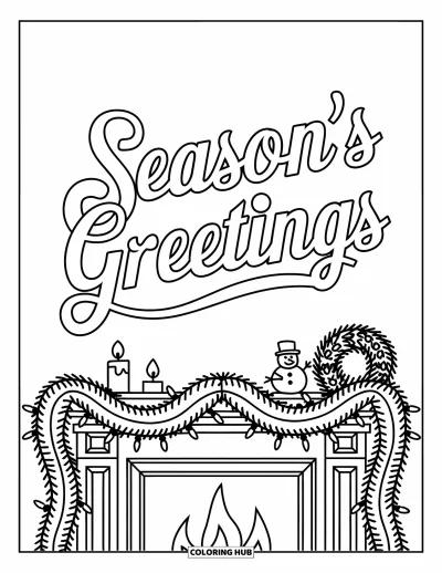Coloriage de carte de Noël pour enfants : Cheminée décorée de guirlandes et le texte "Season's Greetings" au-dessus