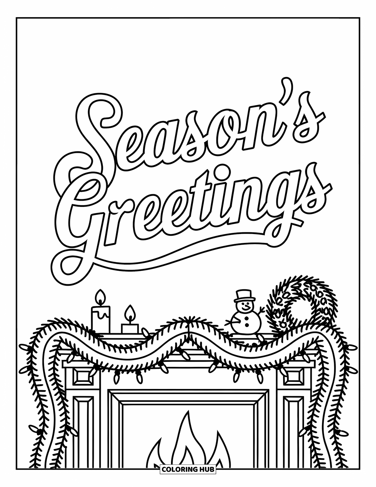 Christmas Card Coloring Page for Kids: Fireplace decorated with garlands and "Season's Greetings" text above