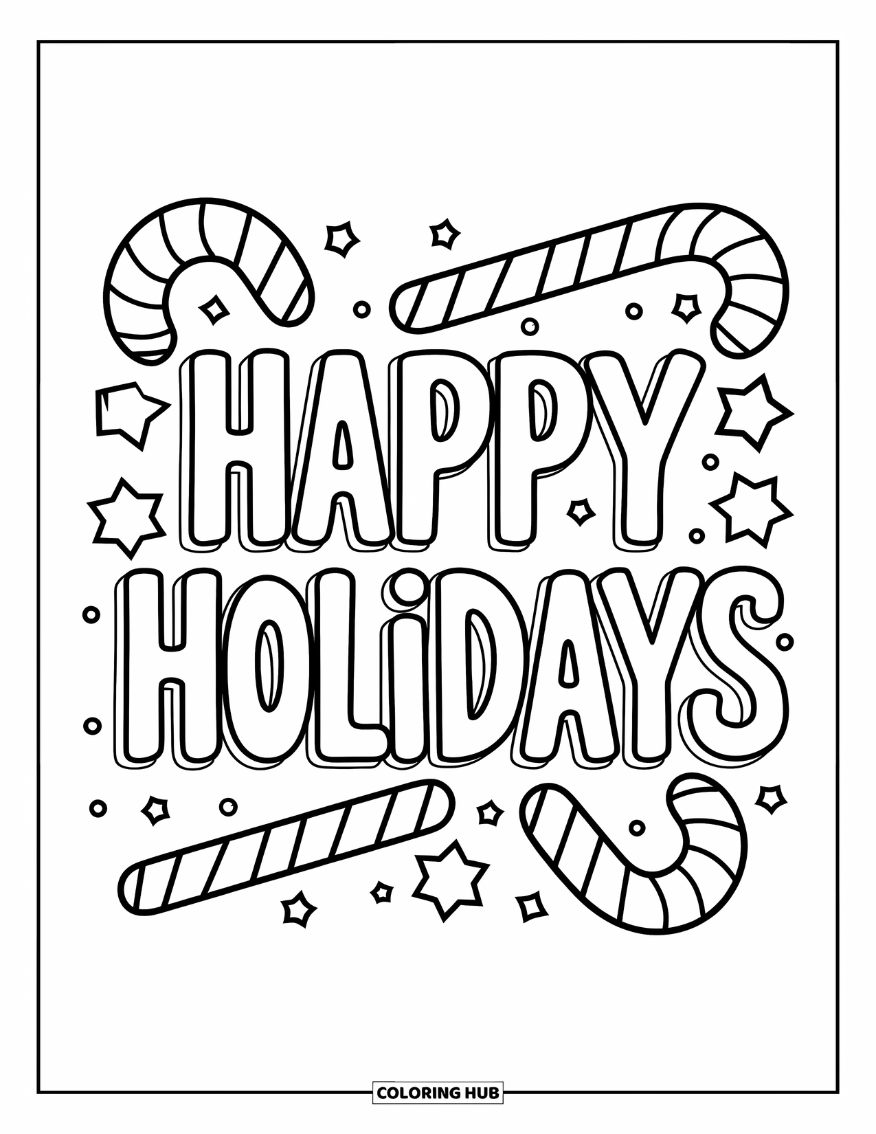 Christmas Card Coloring Page for Kids: "Happy Holidays" text surrounded by stars and candy canes