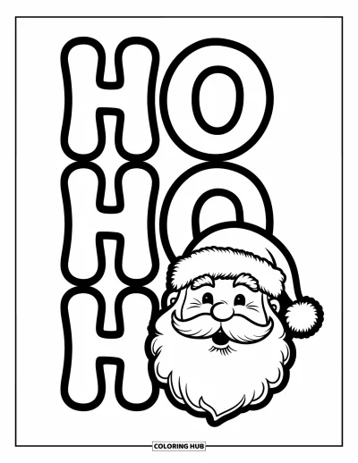 Coloriage de carte de Noël pour enfants : "Ho Ho Ho" au-dessus du joyeux visage du Père Noël et de sa barbe moelleuse