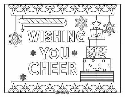 Coloriage de carte de Noël pour enfants : Des cadeaux superposés et des flocons de neige illuminent le message "Wishing You Cheer"